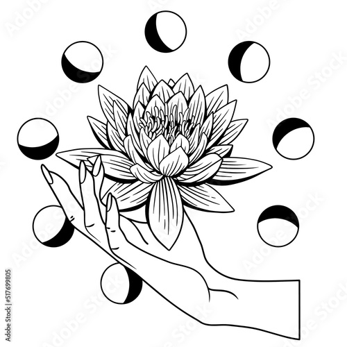 Magical hand holding a flower. Minimalist hand and flower, abstract hand-drawn floral symbols. Modern magical tattoo elements vector illustration set. Magic flower, mystic hand beauty with bloom