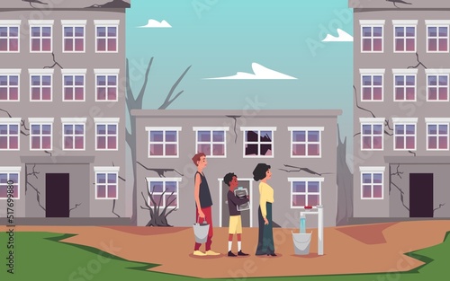 People in destroyed town waiting in queue for tap water, flat vector illustration.