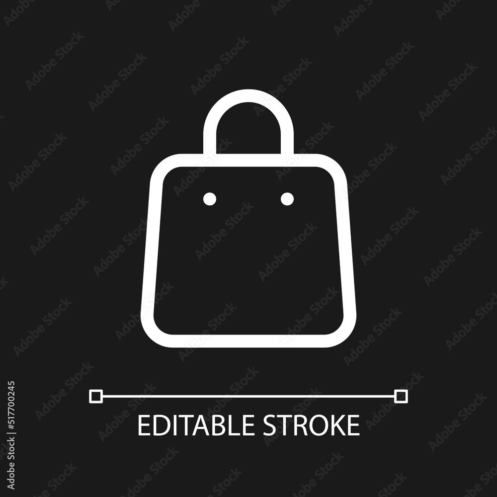 Shopping bag pixel perfect white linear ui icon for dark theme. Purchase goods. Gift package. Vector line pictogram. Isolated user interface symbol for night mode. Editable stroke. Arial font used Shopping bag pixel perfect white linear ui icon for dark theme. Purchase goods. Gift package. Vector line pictogram. Isolated user interface symbol for night mode. Editable stroke. Arial font used