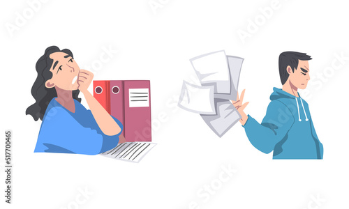 Stressed overworked office employees with working with paper documents cartoon vector illustration