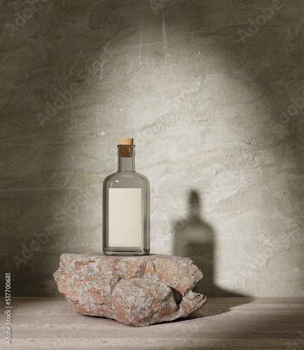 Green bottle with label mockup in Japandi style. 3d render illustration