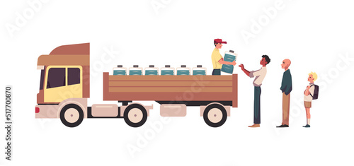 Water scarcity concept with people stand in line for water, flat vector isolated.