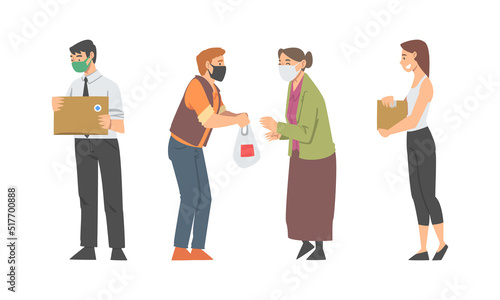 People volunteers with donation boxes set. Help, social care, charity and elderly people support cartoon vector illustration