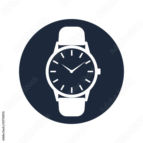 Wrist watch graphic icon. Watch sign in the circle isolated on white  background. Men hand watch. Vector illustration 