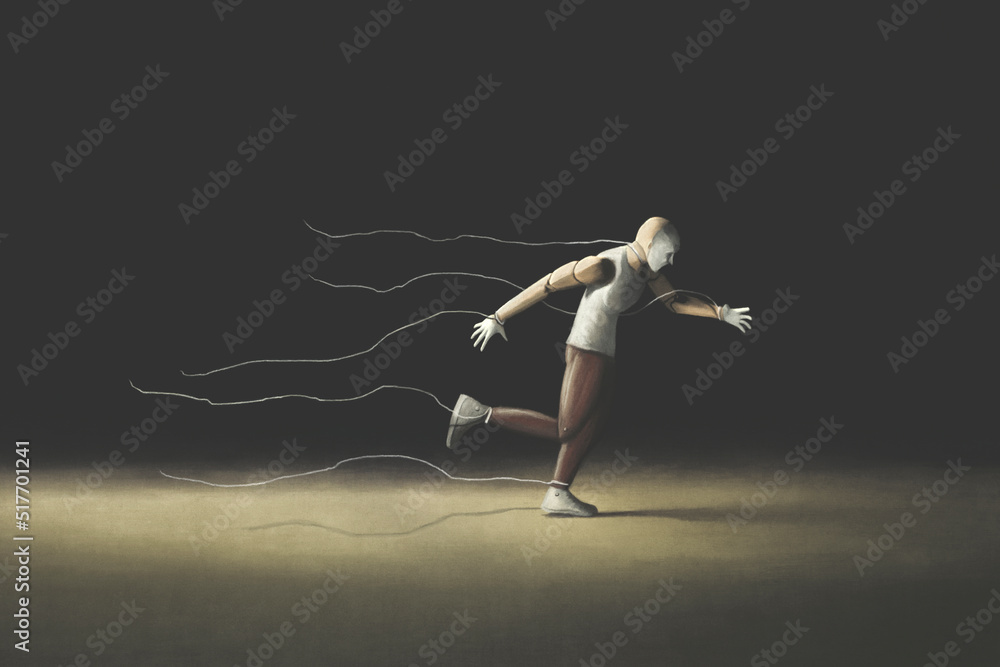 Illustration of wooden puppet running far away, surreal abstract freedom concept Illustration of wooden puppet running far away, surreal abstract freedom concept