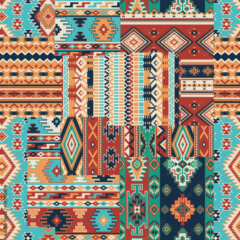 Native American traditional fabric patchwork wallpaper abstract vector seamless pattern  - obrazy, fototapety, plakaty 