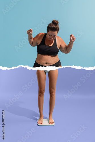 Young plus-size woman with body, legs og slim girl in weight loss process isolated on blue-purple background. Weight loss, fitness, healthy eating, motivation concept. photo