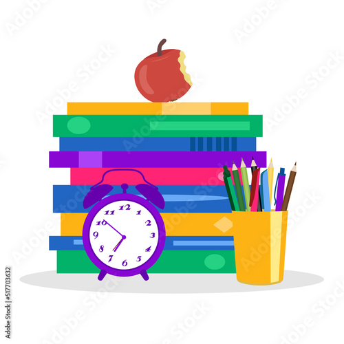Ready for school concept background with books, alarm clock and accessory Rendering, vector Illustration