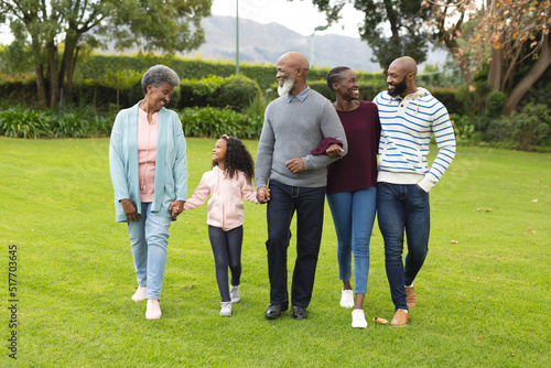 Image of happy multi generation african american family walking together outdoors