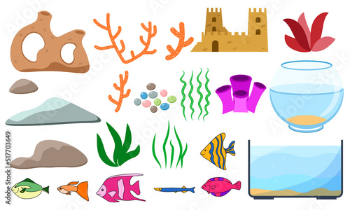 Avaristik cartoon set with aquarium fish, corals, stones, seaweed, shells and aquarium tanks of various shapes, vector illustration
