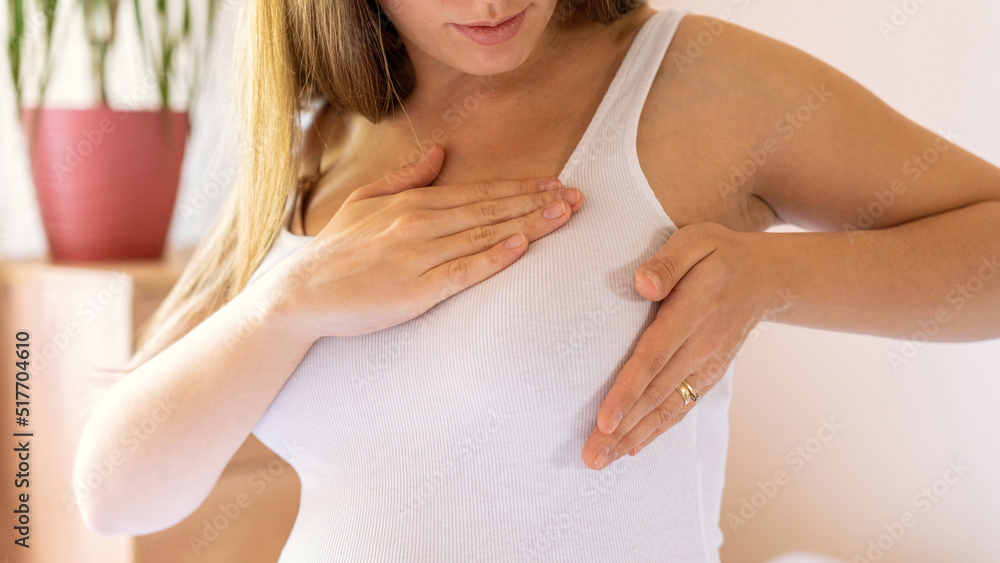 Breast self exam pregnancy woman check. Happy young pregnant woman self exam. Cancer self check. Healthy lifestyle medical awareness. Breast self exam pregnancy woman check. Happy young pregnant woman self exam. Cancer self check. Healthy lifestyle medical awareness.