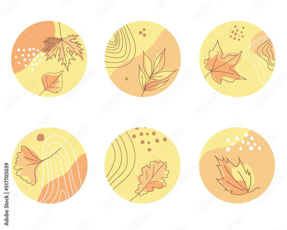 Set of autumn cover stories for social media. Abstract minimalistic circle backgrounds with autumn leaves, dots, lines and spots. Pastel colors, yellow, brown, orange. Vector illustration.