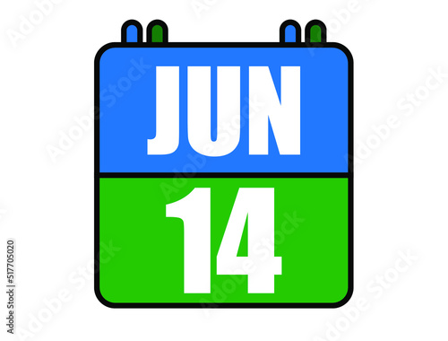 14 June calendar. Blue and green calendar page for June days. Vector isolated on white background.