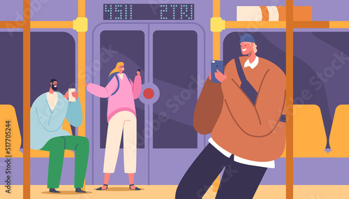 People in Underground Train. City Dwellers in Metro, Subway Tube. Men and Women Passengers in Public Transport, Transit