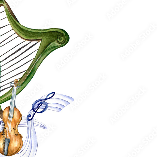Fotografie Frame of violin, harp watercolor illustration on white background