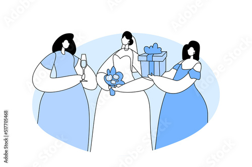 Wedding Celebration Concept, Beautiful Bride in White Dress, Veil and Bouquet of Flowers in Hands and Girl Bridesmaids