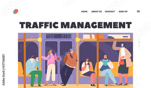 Traffic Management Landing Page Template. Passengers in Metro, People inside of Subway Train, Underground Transport