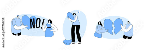 Unrequited Love, End of Loving Relations Concept. Man and Woman with Broken Heart, Girl Reject Male Feelings Saying No