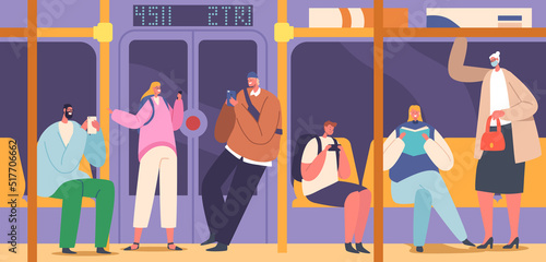 Passengers in Metro, People inside of Subway Train, Underground Urban Public Transport. Characters Inside of Underpass