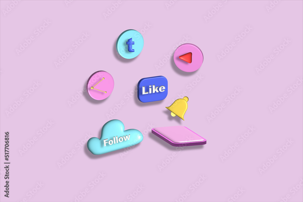 Social media symbol invites you to join the event, press like, press chat, turn on notifications, websites or pages, 3d rendering, illustration. Social media symbol invites you to join the event, press like, press chat, turn on notifications, websites or pages, 3d rendering, illustration.