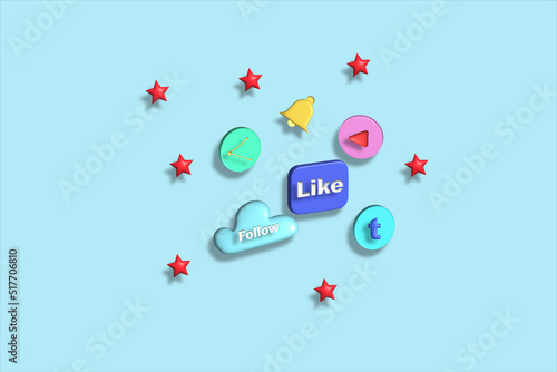 Social media theft contract Invite you to press like, press chat, follow and turn on notifications. At the Facebook page 3d rendering illustration.
