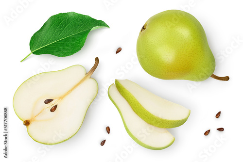 Photography Green pear fruit with half and slices isolated on white background