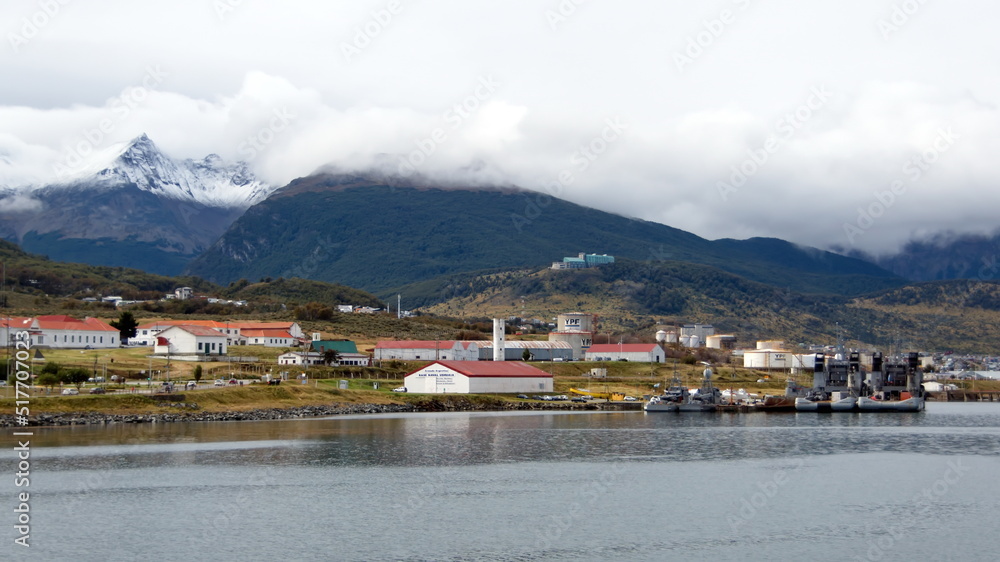 Maritime museum in the old prison, with the Martial Mountains in the background, in Ushuaia, Argentina