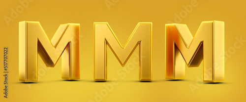Letter M in 3d metal gold with shadow caster and yellow background photo