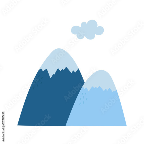 Hand drawn mountains. Mountain landscape and cloud. Template for poster, nursery, baby design and decoration. Isolated vector illustration. 