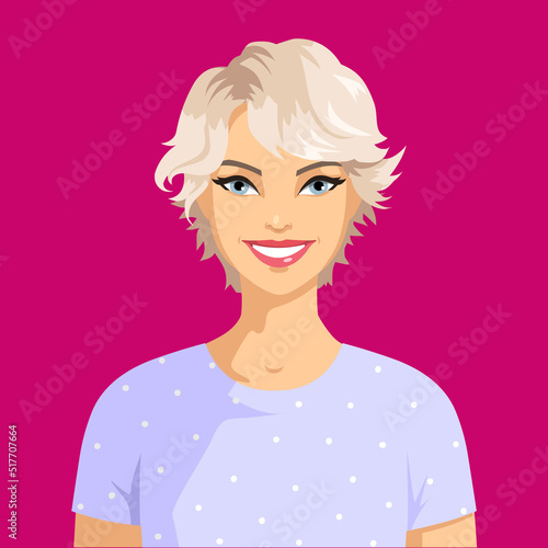 Portrait of a smiling young woman with blond short hair. Blonde girl isolated on crimson background. Avatar happy woman in light blue clothes. Vector.