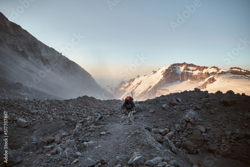 Climbing Kazbek, Georgia. male climder go to the summit. Nature of Caucasian mountains. Mount Kazbek alpinist expedition