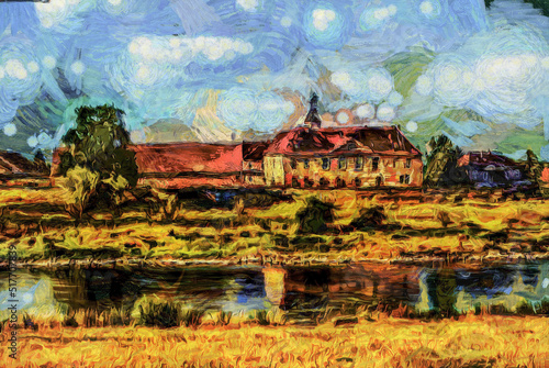 Oil painting - suburban landscape. Modern digital art, impressionism technique, imitation of Vincent van Gogh style
