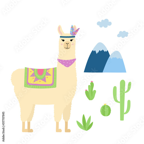 Cute llama standing. Cartoon alpaca, mountains and cactuses. Template for nursery design, poster, stationery, t shirt print. Isolated vector illustration
