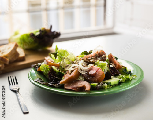 vegetable salad of greens, tomatoes and cucumbers on a green plate