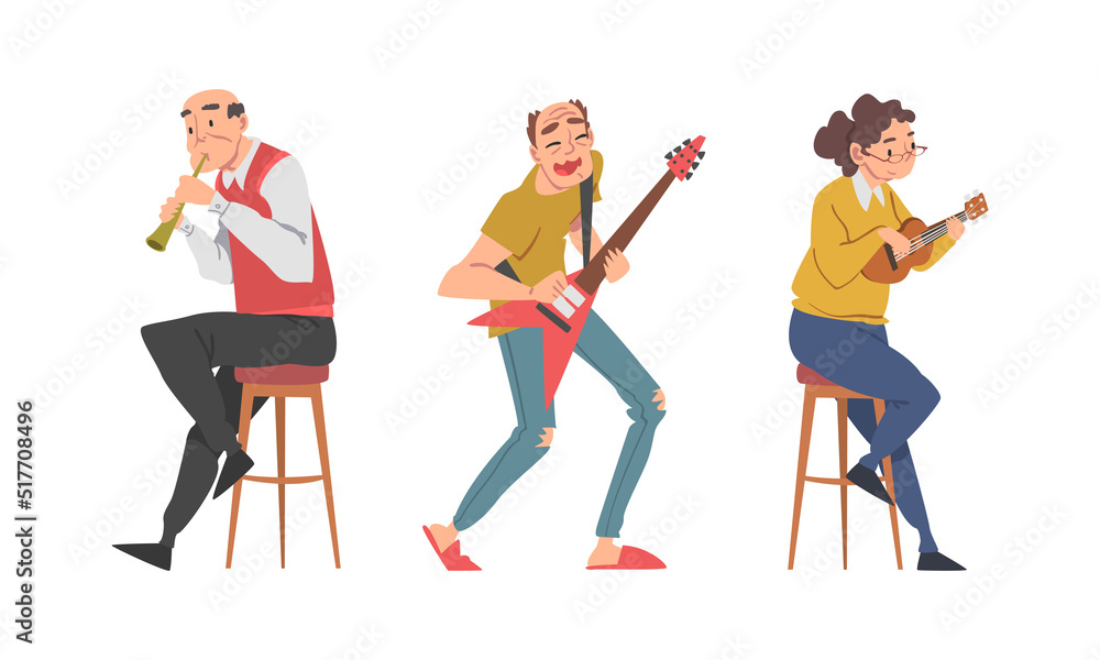 Musicians playing ukulele, guitar and flute set cartoon vector illustration