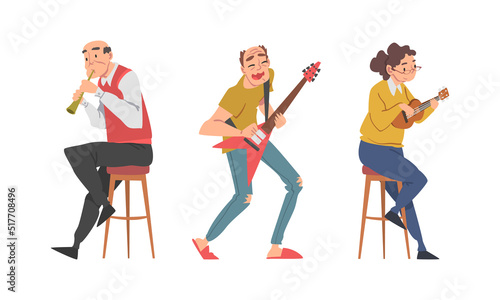 Musicians playing ukulele, guitar and flute set cartoon vector illustration