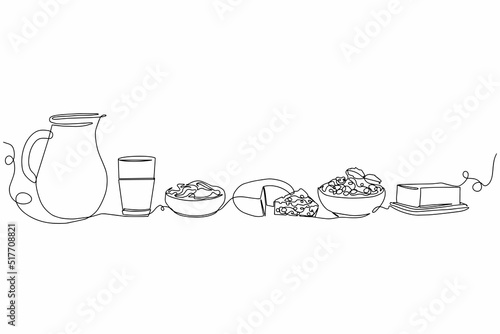 Milk and dairy products drawn in one line. Vector illustration of continuous drawing