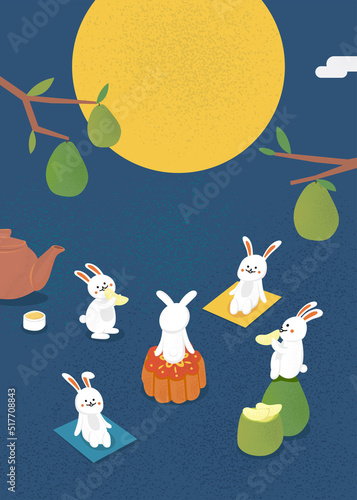 Moon rabbits admire the full moon with pomelo, mooncake and tea. Happy Mid-Autumn Festival