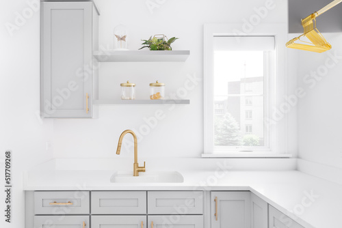 A laundry room detail shot with a gold faucet and hardware  grey cabinets  and decorations.