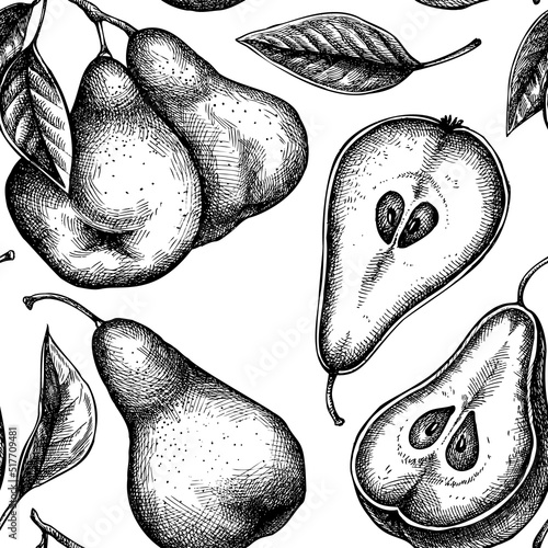 Fruits seamless pattern background design. Engraved style. Hand drawn pears.
