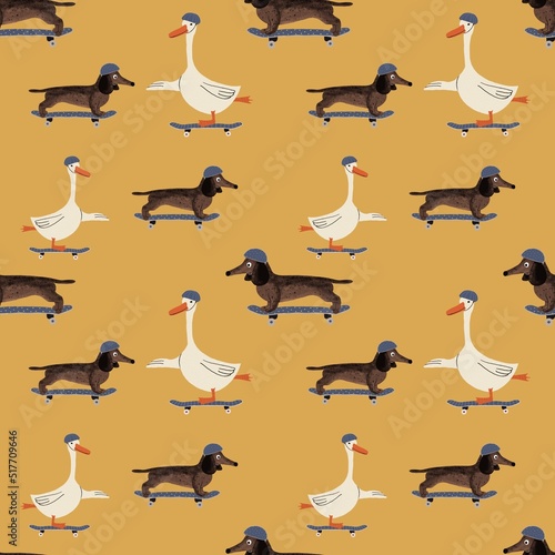 Seamless pattern with goose and dachshund in helmets on skateboards. Farm animal and dog stay on skates on yellow background. Illustration for kids design, textile, fabric, wallpapers, nursing,paper