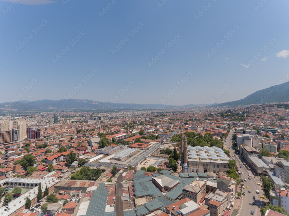 Aerial view of Grand Mosque of Bursa, Turkey. The mosque is a major monument of early Ottoman architecture and one of the most important mosques in the city.