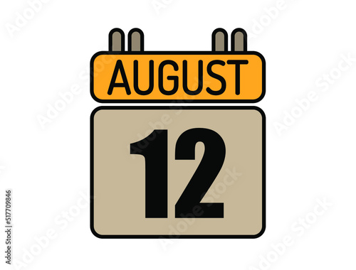 Day 12 August calendar icon. Calendar vector for August days isolated on white background.