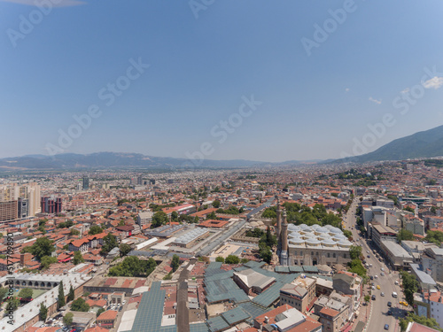 Fototapeta Naklejka Na Ścianę i Meble -  Aerial view of Grand Mosque of Bursa, Turkey. The mosque is a major monument of early Ottoman architecture and one of the most important mosques in the city.