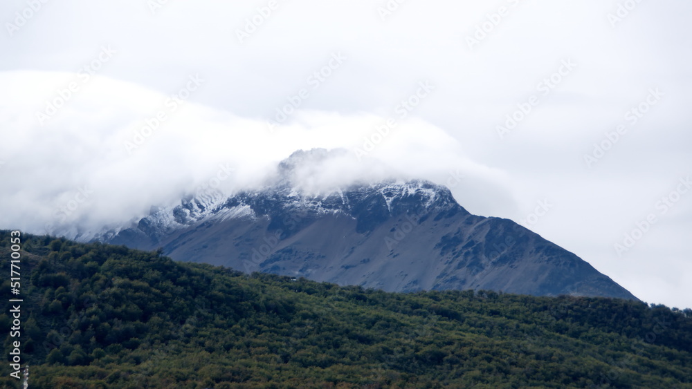 Snow covered peaks of the Martial Mountains along the Beagle Channel, in Ushuaia, Argentina