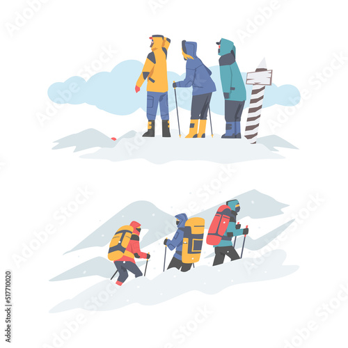 Mountain climbers trekking with sticks in winter season set. Mountaineers overcoming snowy ridge cartoon vector illustration