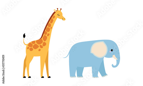 Cute wild safari African animals set. Giraffe and elephant jungle animal cartoon vector illustration © topvectors