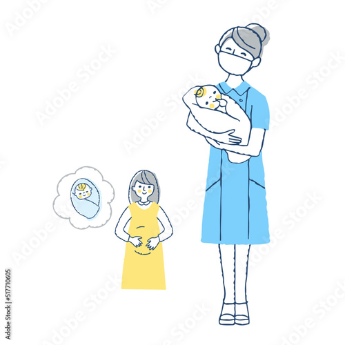 赤ちゃんを抱く産婦人科の看護師と妊婦さん