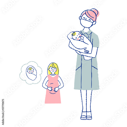赤ちゃんを抱く産婦人科の看護師と妊婦さん