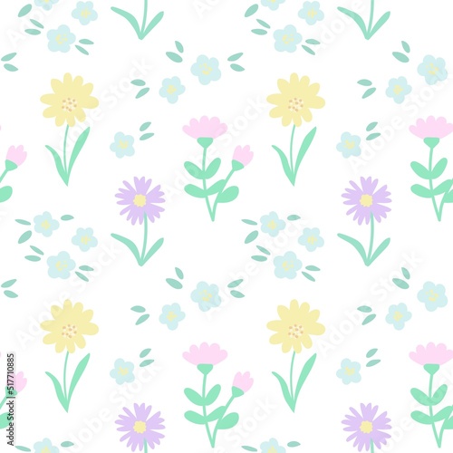 Blooming flowers seamless pattern. Spring summer pastels background